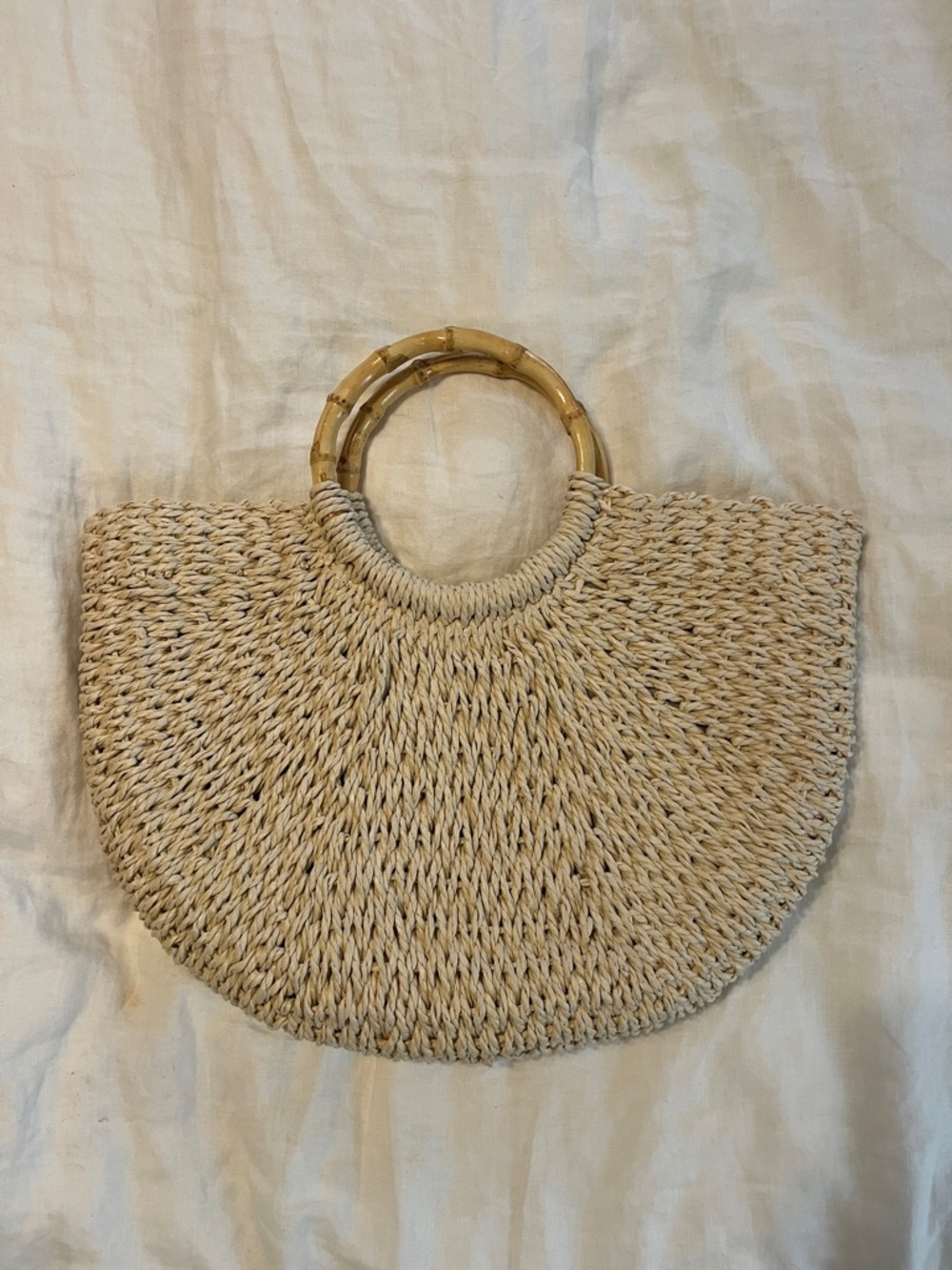 Woven Natural Straw Tote with Bamboo Circle Handles